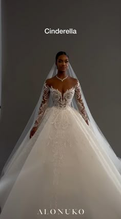 a woman in a white wedding dress with long sleeves and a veil on her head