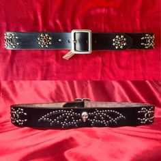 "1 3/4\" handmade studded, jeweled belt. Hand dyed a vintage black.  antiqued nickel plated brass studs and buckle.    Custom made to your measurements! Made in California, U.S.A." Adjustable Festival Belts With Rivets, Antique Black Belt Buckles For Festivals, Goth Belt, Jeweled Belts, Custom Belt Buckles, Belt Display, Knuckle Duster, Hand Sewn Leather, Yellow Belt