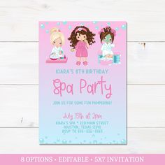 "Spa Birthday Party Invitation  This adorable invitation measures 5x7 inches and includes 8 options! All text is editable. After you have completed your purchase at checkout a link will be sent to your email from JetTemplate. Please make sure that your email registered with Etsy is correct. You will have 60 days to edit and download the invitation. To download multiple per page click download > PDF > Save paper >Download  TRY IT BEFORE YOU BUY  Copy and paste the link below to try out the invita Spa Birthday Party Invitations, Spa Party Invitations, Spa Day Party, Spa Birthday Party, Sparkle Birthday, Spa Birthday Parties, Spa Birthday, Pamper Party, Spa Party