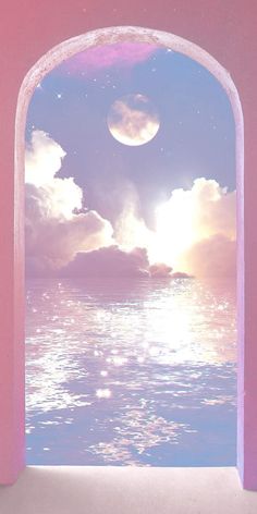 an open window looking out at the ocean and moon in the sky with pink walls