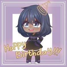 a cartoon girl with blue hair wearing a tiara and holding a birthday card that says happy birthday