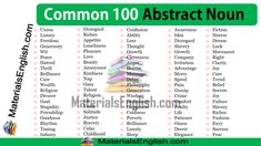 a list of different types of books with the words common 100 abstract noun on it