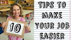 a woman holding up a sign with the words tips to make your job easier in front of her