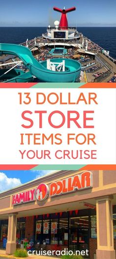 the front of a store with an inflatable water slide next to it and text that reads, 13 dollar store items for your cruise