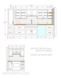 an image of kitchen cabinets with measurements