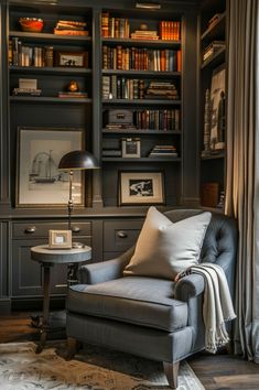 a chair in front of a bookshelf filled with books