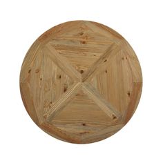 a round wooden table top with an x design on the center and two small holes in the middle