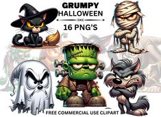 a group of cartoon halloween characters with text that reads grumpy halloween 16 png's free commercial use clipart