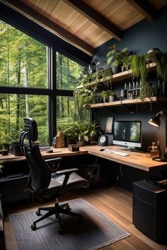 a home office with lots of plants in the window sill and shelves on the wall