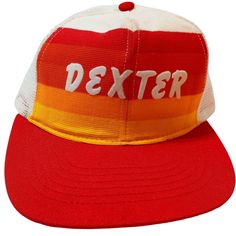 Dexter Snapback Cap Hat Mesh Name Orange Red Ombre Stripes Vintage Trucker Baseball -Swingster -Worn, grungy -Dingy -Staining/discoloration, please see photos -Sweatband has  discolorations, as well as inside lining -Please view all photos Size: Unisex Adjustable Condition: Pre-Owned Good -Swingster -Worn, grungy -Dingy -Staining/discoloration, please see photos -Sweatband has  discolorations, as well as inside lining -Please view all photos Vintage Red Snapback Hat For Outdoor, Retro Red Hat For Outdoor, Retro Red Trucker Hat, Retro Red Baseball Cap For Outdoor, Vintage Red Trucker Hat For Outdoor, Retro Red Adjustable Baseball Cap, Retro Red Snapback Hat With Curved Brim, Retro Red Adjustable Snapback Hat, Red Ombre