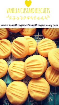 vanilla custard biscuits on a cooling rack with the words vanilla custard biscuits