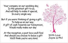 a wedding card with a tree on it and the words, your company on our wedding day is the greatest gift to us