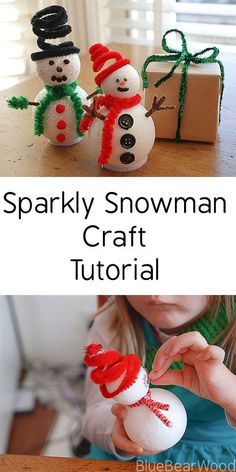 Photo of a finished sparkly snowman decoration using a craft tutorial from BleuBearWood Free Christmas Crafts, Diy Snowman Decorations, Snowman Crafts Diy, Snowman Craft, Diy Snowman, Fun Christmas Crafts, Winter Crafts For Kids, Snowman Decorations, Snowman Crafts