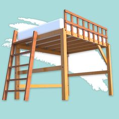 a wooden bunk bed with snow on the bottom and ladders up to it's top