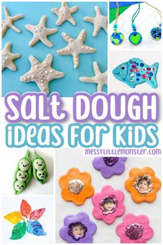 the words salt dough ideas for kids are shown above pictures of sea animals and seashells