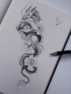 a pencil drawing of a dragon with flowers on it's side and the letter o