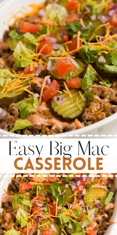 this easy big mac casserole is loaded with vegetables, cheese and other toppings