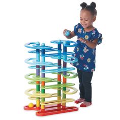 This bright, bold ball run delivers a spectrum of play possibilitles and a bib wow factor for little ones. Assemble the durable wood track to create a sturdy, jumbo-sized course. Then send the ball zigzagging down the vibrant, rainbow-colored rails. Builds creative thinking as well. Adult assembly required. Includes 36 connector pieces, 16 track pieces, 2 base pieces and 4 large balls. Marble Run, Ball Run, Indoor Toys, Roller Ball, Novelty Toys, Stem Toys, Gross Motor Skills, Wow Factor, Montessori Toys