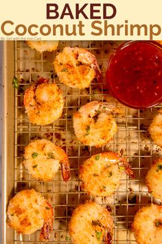 baked coconut shrimp on a wire rack with ketchup in the background and text overlay that reads, baked coconut shrimp