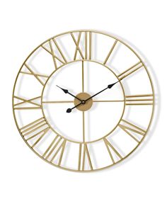 a gold clock with roman numerals is shown on a white background and has black hands