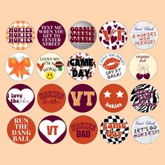 VT Virginia Tech Hokies gameday buttons! These buttons make the most adorable addition and accessory to your gameday outfits. They also are a great way to bring some personality to your backpack around campus or give as gifts to your friends and family.  ★ 2.25 inches (Available in additional sizes upon request.) ★ Buttons are designed by Abby ★ Buying in bulk (10 or more)? Send me a message for a custom listing with a bulk pricing discount! ★ Don't see your school but love a design? Send me a message and I am more than happy to create something custom! College Buttons, Game Day Buttons, Gameday Buttons, Gameday Outfits, Sandwich Board, Virginia Tech Hokies, Cute Buttons, Fan Accessories, Dad Day