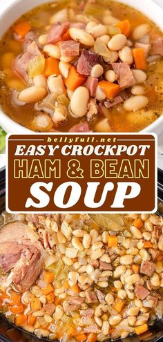 This slow cooker recipe is as easy as dump and go! There's nothing like coming home to this crockpot meal. Full of veggies and a rich broth, this ham and bean soup is satisfying and full of incredible flavor! Crockpot Ham And Bean Soup, Crockpot Ham And Beans, Leftover Ham Bone, Crock Pot Ham, Comfort Soups, Soup Night, Vegetable Ideas, Ham And Bean