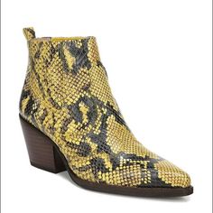 Size 7: True To Size Beautiful Boots With Yellow Snake Print Pattern Heel: Approx. 3” Trendy Yellow Boots For Fall, Yellow Ankle Boots For Spring, Yellow Ankle-high Spring Boots, Yellow Trendy Spring Boots, Trendy Yellow Spring Boots, Trendy Yellow Boots For Spring, Yellow High Heel Boots For Fall, Casual Yellow Pointed Toe Boots, Casual Yellow Boots With Pointed Toe