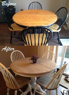 before and after photos of a dining room table with four chairs, one has been refinished