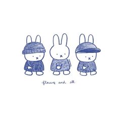 three little rabbits wearing hats and clothes