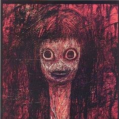 a drawing of a creepy woman with big eyes and long hair, standing in front of a red background