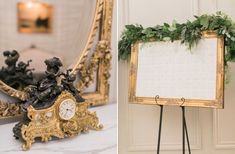 an ornate gold framed sign next to a mirror with greenery on it and a clock in the foreground