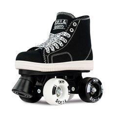 the roller skate is black with white wheels