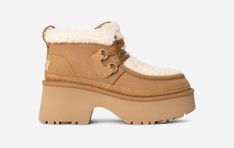 This is *the* perfect city shoe for you. Just hear us out. The curly sheepskin and UGG®plush lining provide comfort, while its lace-up and platform silhouette add height to your everyday style. | Suede, 10mm curly sheepskin upper. 17mm curly UGG®plush 60% upcycled wool, 40% TENCEL Lyocell vamp lining. 17mm UGG®plush 60% upcycled wool, 40% TENCEL Lyocell sockliner. Foam footbed. Sugarcane EVA outsole. Textile binding made from 100% recycled polyester fibers. 2.75 inch platform height. Nubuck heel Ugg Classic, Classic Boots, Real Fur, Womens Uggs, Chestnut, Everyday Fashion, Womens Boots, Lace Up, Women Shoes