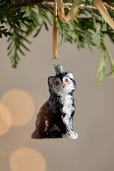 a black and white cat ornament hanging from a tree