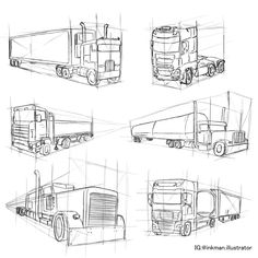 four different types of semi trucks drawn in one point perspective and the other line drawing