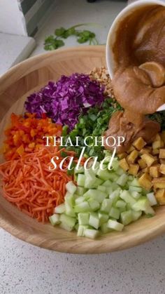 @veganrecipe_4u on Instagram: ""GET The Complete Plant Based Cookbook - Over 200+ Delicious Vegan Recipes Including 30-day Meal Plans" =>> LINK IN BIO 🔗 @veganrecipe_4u 1️⃣ or 2️⃣? Which #recipe would you try?👇 🌱 By @Healthygirlkitchen 1️⃣ bookmark this vegan THAI CHOP salad ✨ this Thai inspired* crunchy chopped salad is actually one of the best salads I’ve ever had! Run to the store to get the ingredients 🌶🥕🥒🥜🥗 Ingredients: 3 cups chopped green cabbage 2 cups chopped purple cabbage 1 cup diced cucumber 1/2 cup sliced green onion 1 cup diced bell pepper 1 cup shredded carrots 1/2 cup chopped cilantro 1 cup air fried tofu 1/2 cup chopped roasted cashews Dressing: 3 tbsp soy sauce 1/2 cup peanut butter 1tsp sriracha 2 tbsp rice vinegar 1tbsp lime juice 1 tbsp toasted sesame oil 1 tbs Air Fried Tofu, Chop Salad, Best Salads, Plant Based Cookbook, Roasted Cashews, Salad Ideas, Fried Tofu