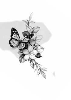 a butterfly flying over some flowers on a white background