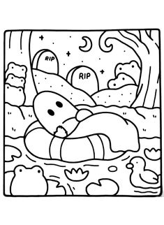 a black and white drawing of a bear sleeping in the woods with its eyes closed