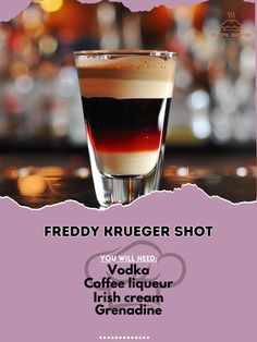 🔥 Dare to try the Freddy Krueger Shot! #FreddyKruegerShot #SpookyDrinks Freddy Krueger Shot Ingredients: Vodka (1/2 oz) Coffee liqueur (1/2 oz) Irish cream (1/2 oz) Grenadine (splash) Instructions: Layer vodka, coffee liqueur, and Irish cream. Add a splash of grenadine. Enjoy this eerie and delicious shot for a spooky night! 🎃👻 #HalloweenDrinks #ScaryGood Freddie Krueger, Coffee Vodka, Fun Halloween Drinks, Bartender Drinks, Vodka Shots, Cocktail Party Food, Cocktail Shots, Yummy Alcoholic Drinks