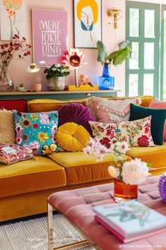 a living room filled with lots of colorful furniture and decor on top of each other