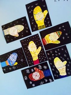 five handprints are arranged in the shape of mittens and snowflakes