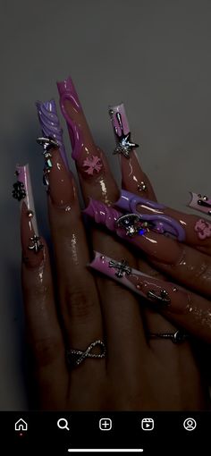 Long Junk Nails With Charms, Long Junk Nails, Long Nail Inspiration, Virgo Nails Designs, Virgo Birthday Nails, Birthday Nails Long, Junk Nails