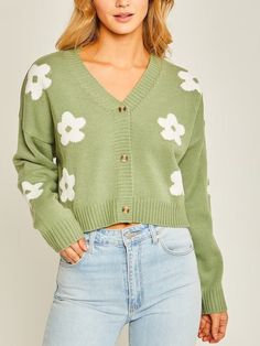 "Long Sleeve, loose cropped daisy cardigan in beautiful colors - khaki and sage.  Soft and light perfect for chilly summer morning or evening.  Makes a perfect outfit with one of ours ribbed dresses- https://www.etsy.com/ca/listing/1424075332/side-slit-ribbed-knit-sleeveless 100% polyester  Sizing- might vary 0.5-1\"          length   width S        17\"          24\" M       18\"          25\" L        19\"           26\" Material and Care 100% polyester Hand wash cold, hang to dry  Patterns ma Daisy Cardigan, Flower Cardigan, Retro Sweater, Floral Cardigan, Sweater Crop, Green Cardigan, Ribbed Dresses, Printed Cardigan, Cropped Cardigan