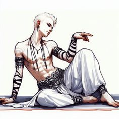 a drawing of a man sitting on the ground with his arm wrapped in chains and tattoos