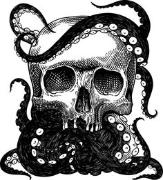 an octopus with a skull and tentacles on it's face, in black and white