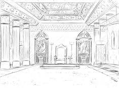 a drawing of an interior with columns and arches