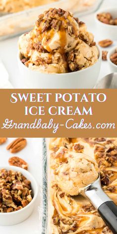 sweet potato ice cream with pecans and caramel drizzled on top