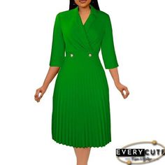 Everycute Solid Color Office Dress With 3/4 Sleeve, Pleated Workwear Dress With 3/4 Sleeve, Pleated Dress With 3/4 Sleeve For Work, Pleated 3/4 Sleeve Dresses For Workwear, Half Sleeve Pleated Work Dress, Half Sleeve Pleated Workwear Dress, Half Sleeve Pleated Dress For Work, Spring Half Sleeve Pleated Midi Dress, Spring Pleated Midi Dress With Half Sleeves