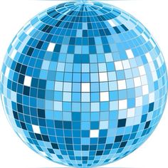 a blue and white disco ball with squares in the shape of a sphere, on a white background