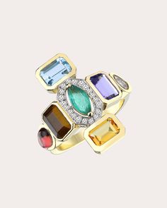 Based in 14-karat gold, the Chakra ring is formed from a rainbow-hued array of bezel-set gemstones that are believed to harmonize energy centers and promote overall well-being. Pavé diamond embellishments create ambient shimmer. From Melis Goral's Focus Collection, inspired by the beauty found in everyday life. 14k yellow gold, tiger's eye, amethyst, citrine, tanzanite, emerald, tourmaline and diamond Carat: 0.15 ctw diamond, 3.13 ctw gemstone Diamond color: G Diamond clarity: VS Polish with soft cloth Diamonds sourced from India Made in Turkey Measurements Face length: 0.78in | Melis Goral Women's Chakra Ring in Yellow Gold/multi Size 6 Chakra Ring, Energy Centers, Diamond Carat, Tiger's Eye, Diamond Color, Creative Arts, Beauty Gift, Diamond Clarity, Bezel Setting